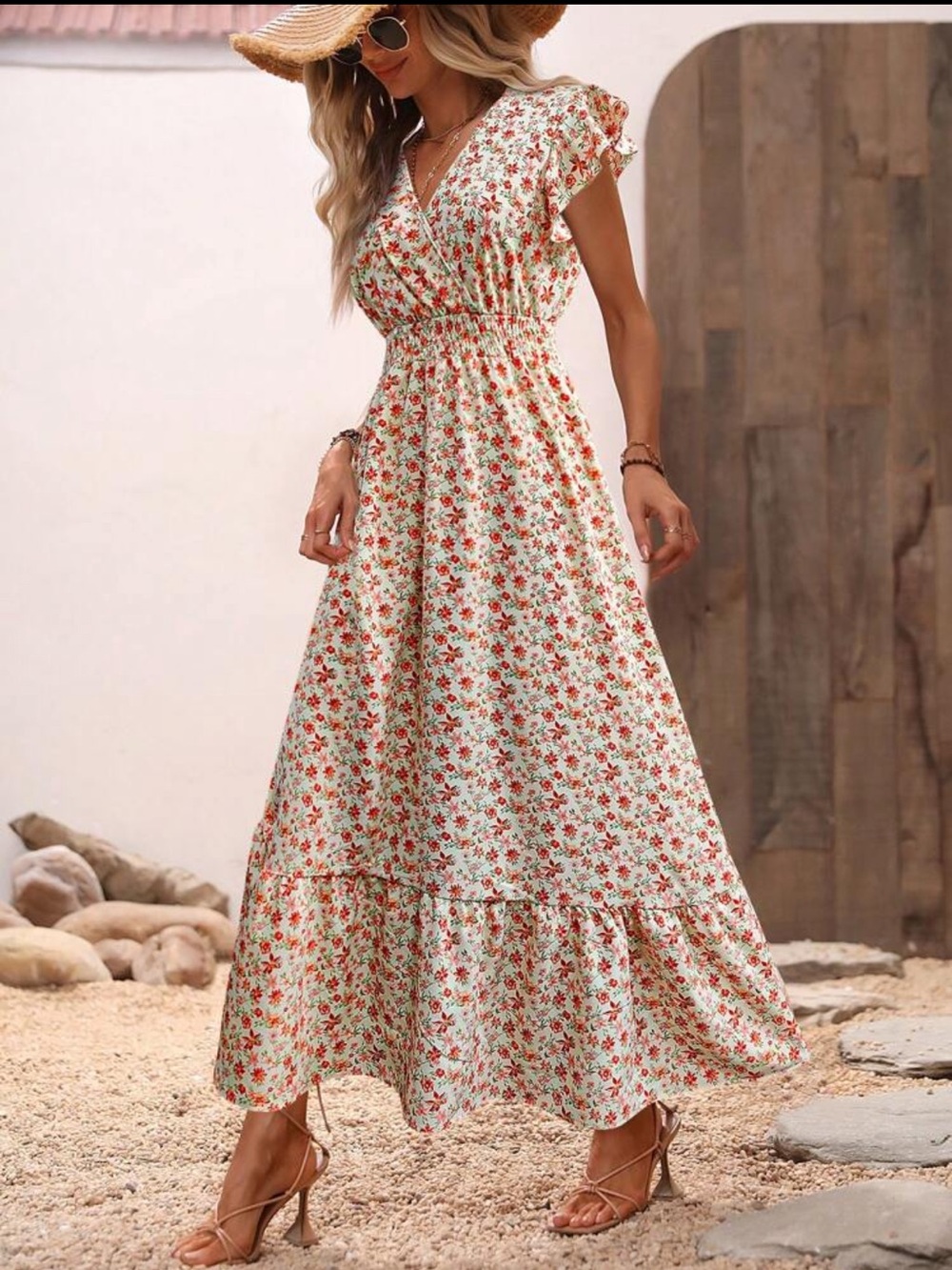 SHEIN Women's Floral Print Cap Sleeve Maxi Dress With Ruffle Hem Size Medium
